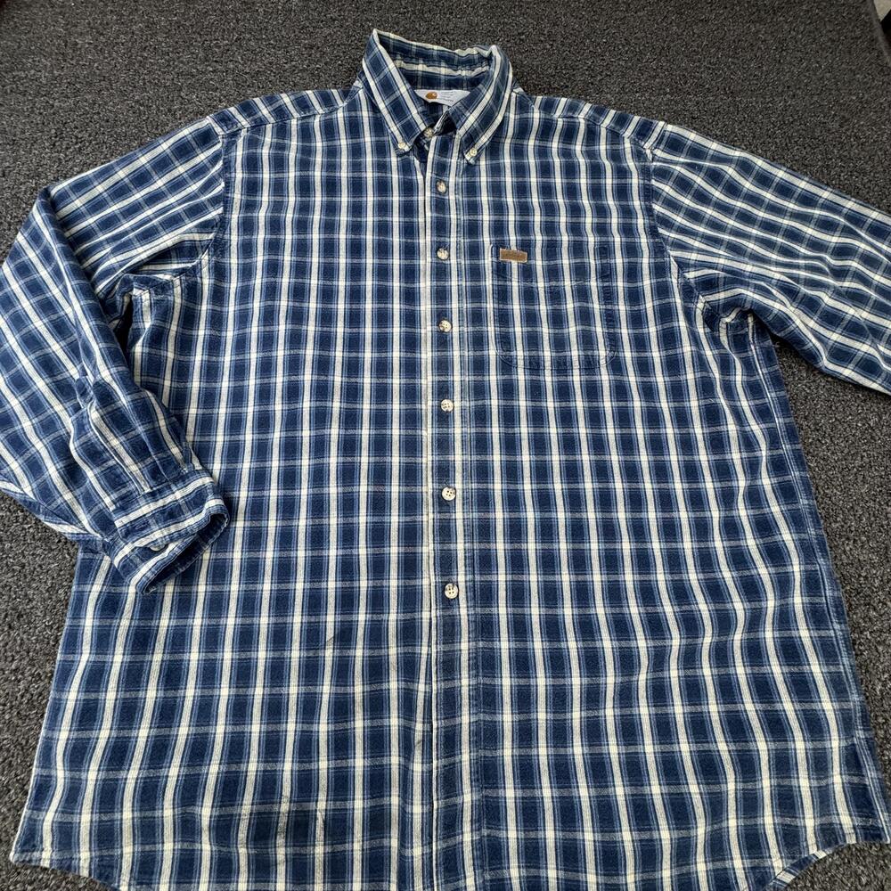 Vtg Carhartt Shirt Mens 2XL Blue Plaid Long Sleeve Button Up Pocket Flannel